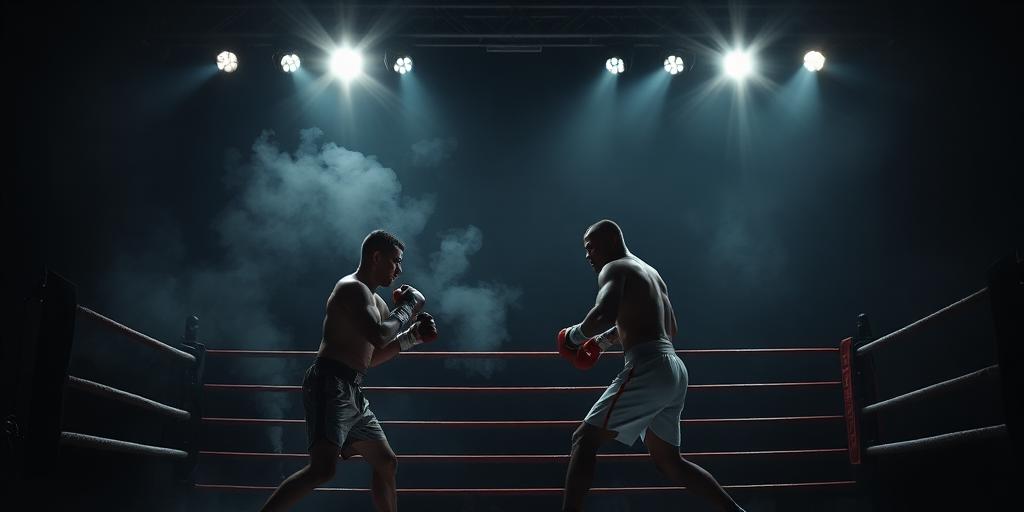 Two boxers fighting under arena spotlights