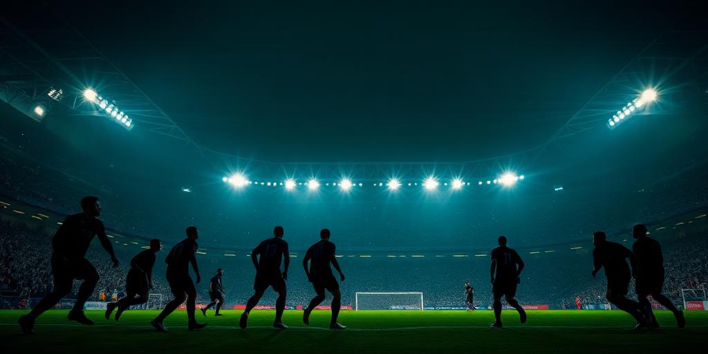 Floodlit football stadium at night